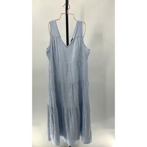 Quince 100% Organic Cotton Gauze Tiered Maxi Dress Bayside Stripe Blue/White S